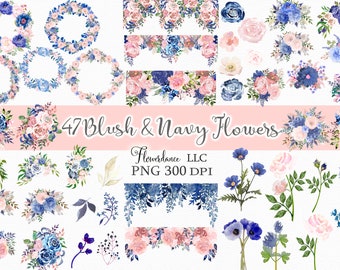 47 Blush and Navy Flowers PNG, Watercolor Floral Clipart Bundle Includes Bouquets, Wreaths, Drops and Elements, Small Commercial Use