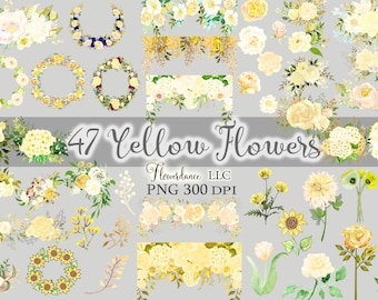 47 Yellow Flowers PNG - Includes Bouquets, Wreaths, Drops and Elements, Watercolor Floral Clipart Bundle - Small Commercial Use