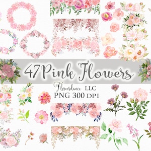 Pink Flowers PNG, Watercolor Floral Clipart Bundle of 47, Includes Bouquets, Wreaths, Drops and Elements, Small Commercial Use