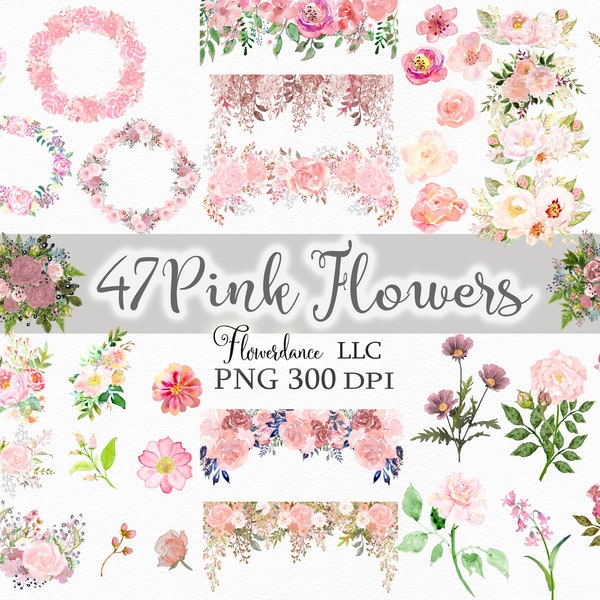 Pink Flowers PNG, Watercolor Floral Clipart Bundle of 47, Includes Bouquets, Wreaths, Drops and Elements, Small Commercial Use