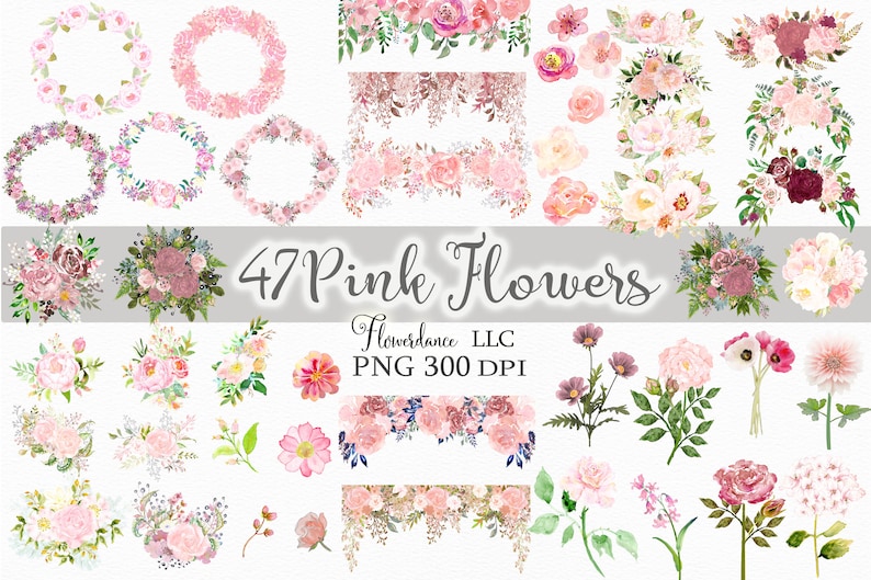 Pink Flowers PNG, Watercolor Floral Clipart Bundle of 47, Includes Bouquets, Wreaths, Drops and Elements, Small Commercial Use image 1