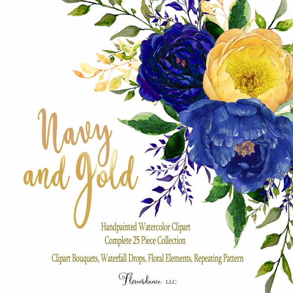 Watercolor Clipart Set, Navy, Gold, Peony, Rose, Floral Bouquet, Drop Header Arrangements, Elements, Seamless Pattern, Transparent PNG,