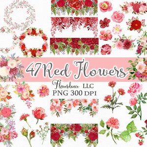 47 Red Flowers PNG, Watercolor Floral Clipart Bundle Includes Bouquets, Wreaths, Drops and Elements, Small Commercial Use