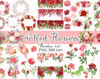 47 Red Flowers PNG, Watercolor Floral Clipart Bundle Includes Bouquets, Wreaths, Drops and Elements, Small Commercial Use