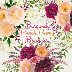 Burgundy and Peach Watercolor Peony Bouquet Arrangement Clipart image 2