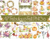 47 Fabulous Fall Flowers PNG, Watercolor Floral Clipart Bundle Includes Bouquets, Wreaths, Drops and Elements, Small Commercial Use