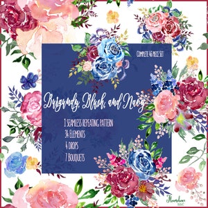 Rose Watercolor Clipart, Burgundy, Blush, Navy, Blue - Floral Elements, Bouquet Arrangements, Waterfall Drop Arrangements, Seamless Pattern