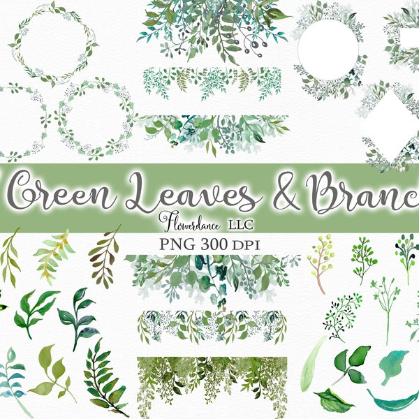 Green Leaves and Branches PNG, Watercolor Floral Clipart Bundle of 47 - Includes Frames, Wreaths, Drops, Berry Branches, Elements