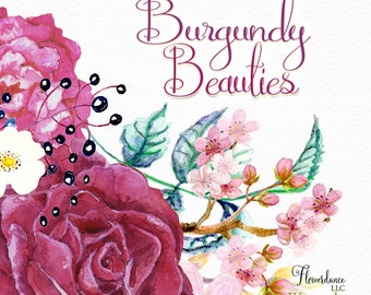 Burgundy Roses Watercolor Clipart, Floral Elements, Marsala, Wine, Pink - Buds, Berries, Leaves, Cherry Blossoms, Boho, Transparent PNG