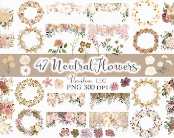 47 Neutral Flowers PNG, Watercolor Floral Clipart Bundle in Muted Neutral Colors - Bouquets, Wreaths, Drops, Elements, Small Commercial Use