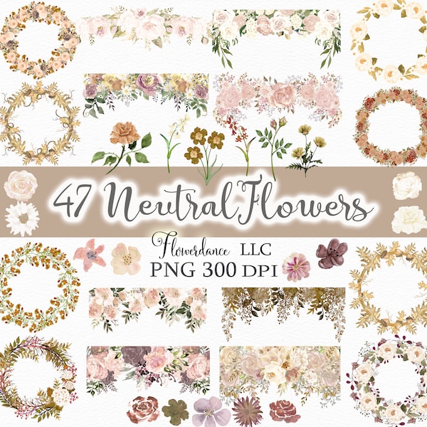 47 Neutral Flowers PNG, Watercolor Floral Clipart Bundle in Muted Neutral Colors - Bouquets, Wreaths, Drops, Elements, Small Commercial Use