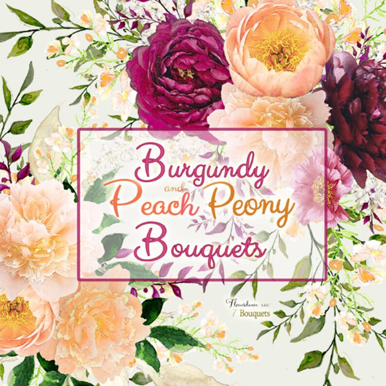 Burgundy and Peach Watercolor Peony Bouquet Arrangement Clipart image 3