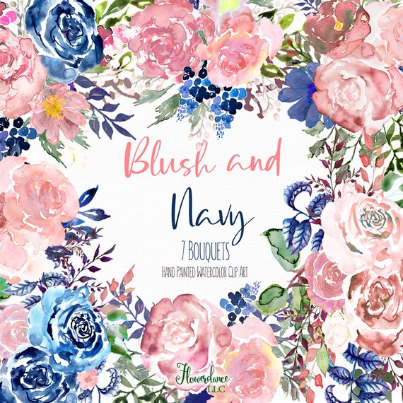 Blue And Pink Watercolor Roses Bouquet Clipart In Navy Blush Etsy