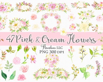 47 Pink and Cream Flowers PNG, Watercolor Floral Clipart Bundle Includes Bouquets, Wreath, Drops, Floral Elements, Small Commercial Use