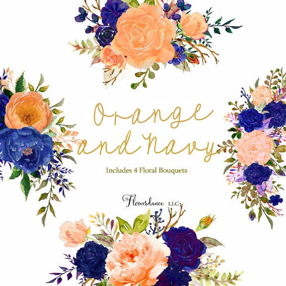 Orange and navy watercolor clipart Indigo blue flower clip ...