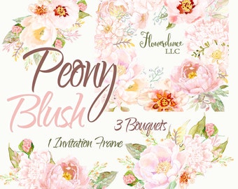 Watercolor Peony Bouquet Arrangement Clipart - Blush pink, dusty pink, pale pink, cream - floral wedding invitation, wreath