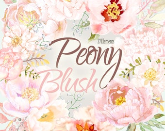 Blush Peony Blooms Watercolor Clipart Floral Elements with Cream, Dusty Pink, Ivory, and Sage, Wedding Invitation Flowers, Transparent PNG