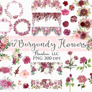 47 Burgundy Flowers PNG, Watercolor Floral Clipart Bundle - Burgundy & Blush, Bouquets, Wreaths, Drops and Elements, Small Commercial Use