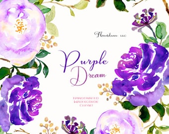 Purple Rose Watercolor Clipart, Elements, Wreath, Lavender, Violet, Amethyst, Botanical Floral, Leaf Branches, Berries in PNG