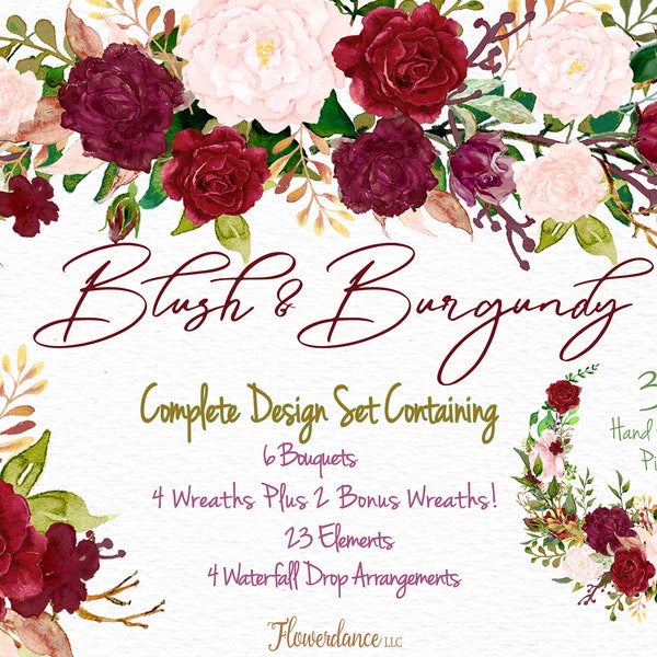 Blush and Burgundy Watercolor Clipart Bundle - Waterfall Drops, Bouquets, Wreaths, Elements - Wedding Invitation PNG