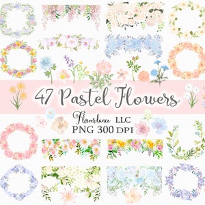 Pastel Flowers PNG, Watercolor Floral Clipart Bundle of 47, Pastel Rainbow Colors - Bouquets, Wreaths, Drops, Elements, Small Commercial Use