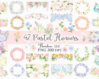 Pastel Flowers PNG, Watercolor Floral Clipart Bundle of 47, Pastel Rainbow Colors - Bouquets, Wreaths, Drops, Elements, Small Commercial Use