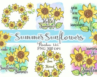 Sunflower PNG Clipart Set - Watercolor Summer Sunflowers with Sayings and Backgrounds, Digital Download. Small Commercial Use, Personal Use