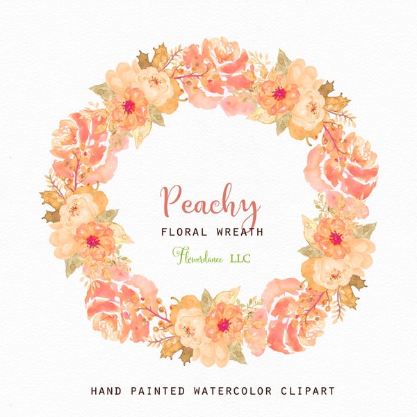 Watercolor Wreath Clipart Roses - Peach, Blush, Orange, Apricot, Pink - Wedding Invitation, Commercial Use, Transparent PNG, Sublimation PNG