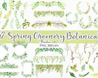 47 Spring Greenery Botanicals, PNG Leaves and Branches,  Watercolor Floral Clipart Bundle - Includes Frames, Wreaths, Drops, Elements