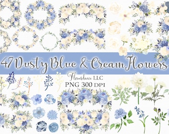 47 Dusty Blue and Cream Flowers PNG, Watercolor Floral Clipart Bundle - Bouquets, Wreaths, Drops, Elements, Small Commercial Use