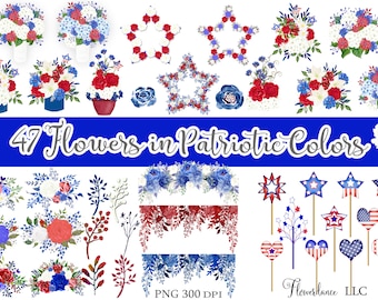 47 Flowers in Patriotic Colors,  Red, White, Blue, Watercolor Floral Clipart PNG Bundle - Includes Bouquets, Wreaths, Drops and Elements