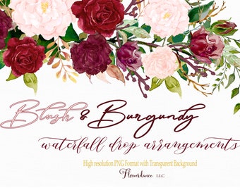 Blush and Burgundy Watercolor Clipart Drop Header Arrangements