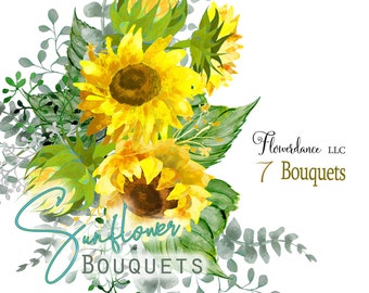 Sunflower Clipart, Eucalyptus Clipart, Greenery Clipart, Watercolor Bouquets, Bohemian Boho Flowers. Hand Painted Wedding, Invitations