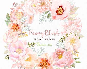 Blush Peony Watercolor Wreath Clipart for wedding invitation, stationery, Mother's Day greeting card or invitation