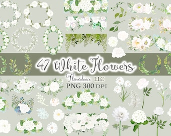 47 White Flowers PNG, Watercolor Floral Clipart Bundle Includes Bouquets, Wreaths, Drops and Elements featuring White Blooms and Greenery