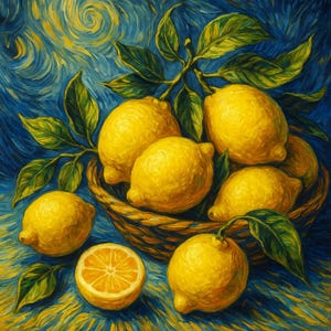 Lemon Basket Wall Art Print – Van Gogh Inspired Kitchen Decor Vibrant Citruc Fruit Poster