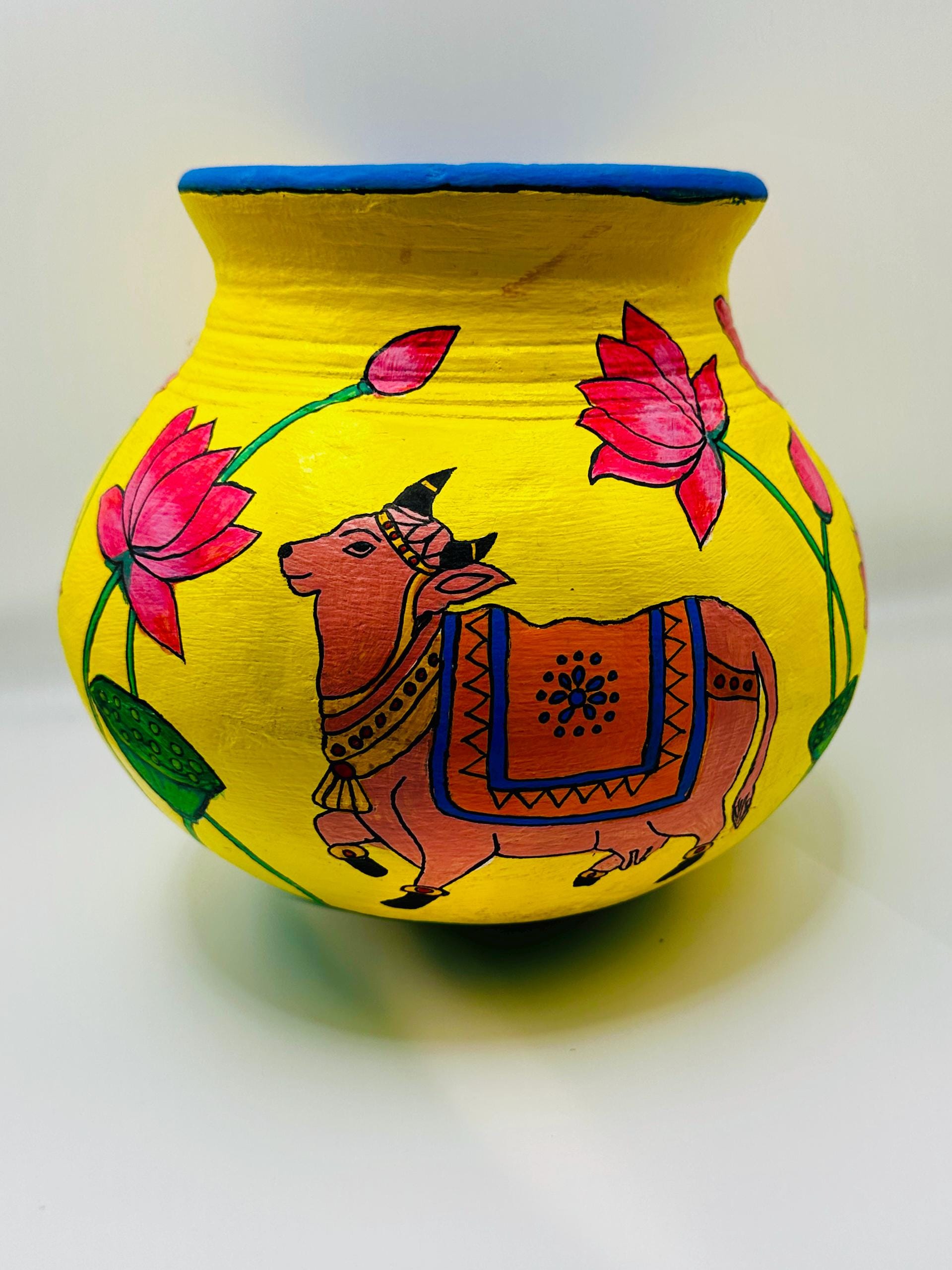 Hand-painted Indian Terracotta Pot With Cow and Lotus Design