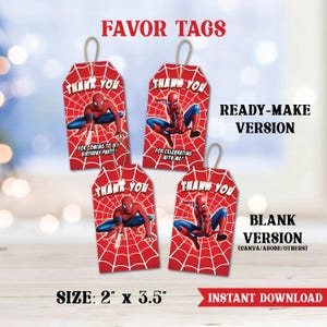 Może przedstawiać: Czerwone zawieszki na upominki z motywem Spider-Mana. Każda zawieszka przedstawia Spider-Mana na czerwonym tle pajęczyny, z napisem "THANK YOU". Zawieszki mają wymiary 5,08 cm x 8,89 cm i zawierają tekst na urodziny.