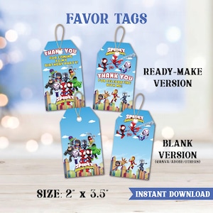 May include: Blue favor tags with Spidey and Friends characters. The tags read "Thank You" and "For Coming to My Birthday Party!" or "For Celebrating With Me!" The tags are 2" x 3.5" and are available as a ready-made or blank version.
