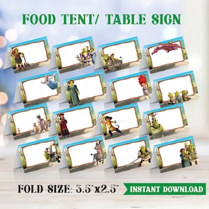 Puede incluir: Señales de mesa/carpa de comida con personajes de Shrek. Cada señal tiene un espacio en blanco para escribir y un borde azul. Las señales miden 8,9 cm x 6,4 cm. El texto "FOOD TENT/ TABLE SIGN" está en la parte superior.