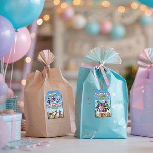 May include: Gift bags in pastel colors, tied with ribbons and decorative paper. The bags have tags with cartoon characters and the words "Thank You". Balloons in shades of blue and pink are in the background, suggesting a party or celebration.