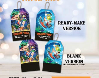 Digital Phineas and ferb Favor Tags, Thank you Labels, Goodie bags Topper - Instant download