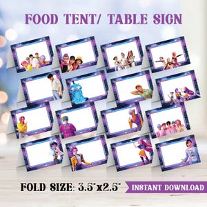 May include: A collection of folded table signs with a white rectangular area for text, framed by a purple and blue border. The signs feature various cartoon characters. The text "FOOD TENT/ TABLE SIGN" and "FOLD SIZE: 3.5"x2.5"" are visible.