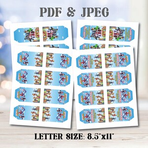 May include: Sheets of printable party favor boxes featuring cartoon characters on a blue background. The boxes are labeled with "Thank You" and "Spidey" text. The paper size is 8.5" x 11". The file formats are PDF and JPEG.