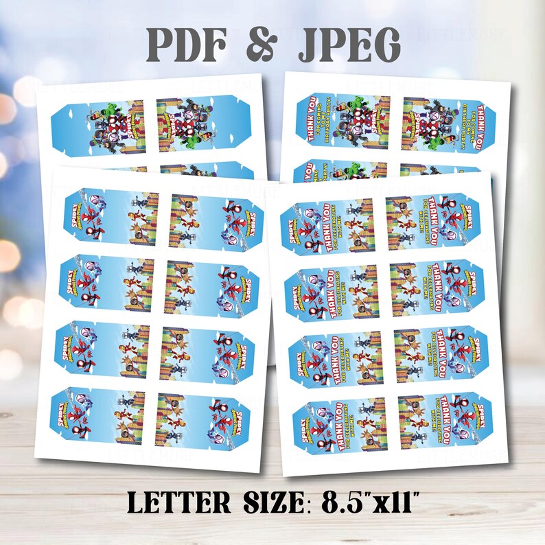 May include: Sheets of printable party favor boxes featuring cartoon characters on a blue background. The boxes are labeled with "Thank You" and "Spidey" text. The paper size is 8.5" x 11". The file formats are PDF and JPEG.