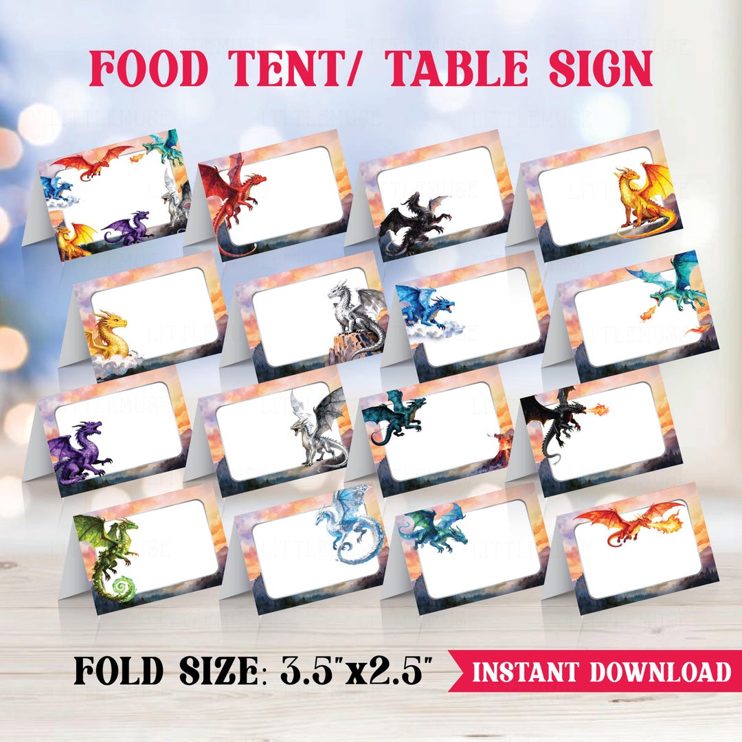 Digital Dragons Labels, Fire of Wings Food Tent, Table Name Card ...