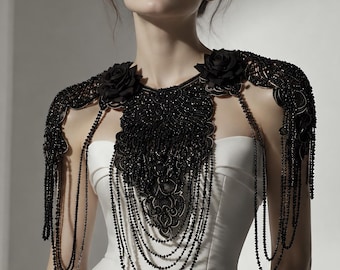 Black Gothic Beaded Shoulder Necklace Cape Victorian Floral Tassel Statement Costume Accessory