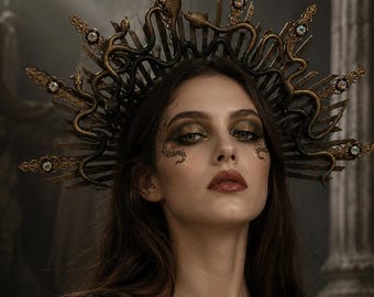 Black Gold Medusa Halo Crown, Snake Goddess Headpiece for Halloween Costume Cosplay