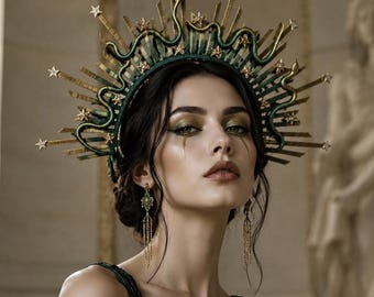 Medusa Halo Headpiece Halloween Green Serpent Gothic Goddess Costume Accessory