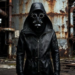 May include: A person wearing a black hooded leather coat and a gas mask with goggles and spikes. The coat has a belt and zipper pockets. The background is an industrial setting with rusty metal.